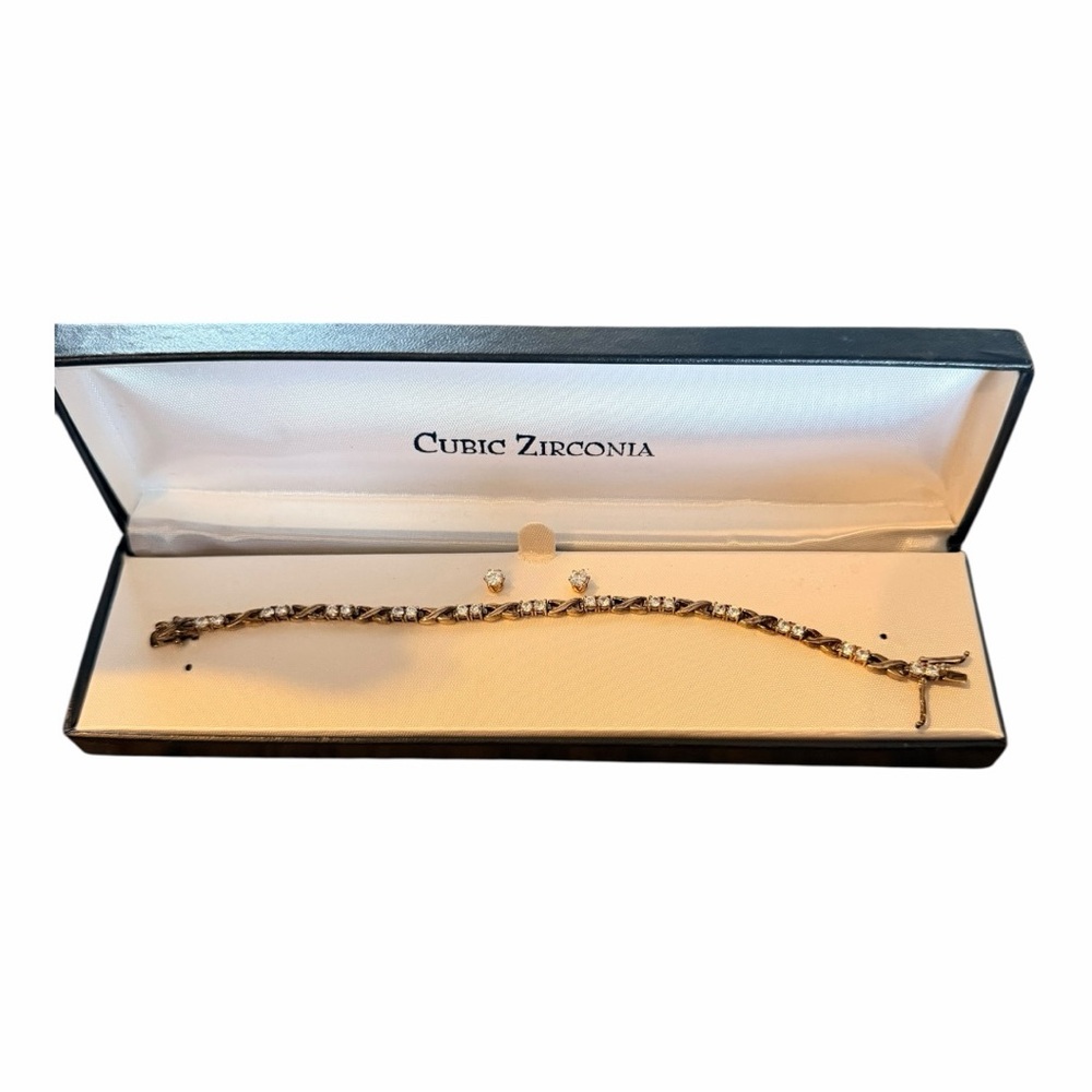 Gold Tone Cubic Zirconia Tennis Bracelet & Stud Earrings Set Gift Boxed - Picture 3 of 6